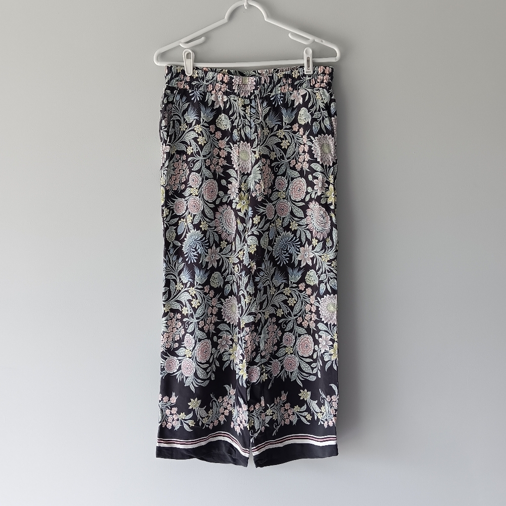 Loft Wide Leg Flowy Pants Drawstring Floral Navy Blue Pink Yellow White Small